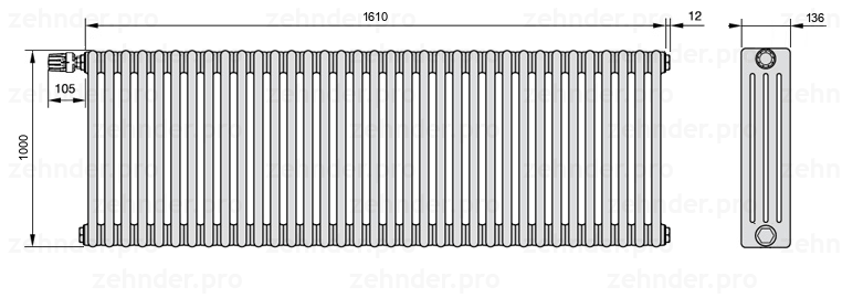 Схема (чертеж) Радиатор Zehnder Charleston 4100/35 №V012 Белый глянцевый RAL 9016